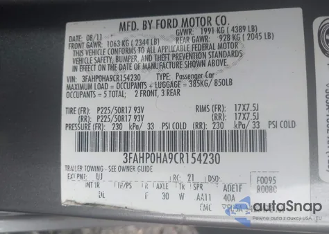 2012 Ford Fusion Se z USA, uszkodzony, nr VIN 3FAHP0HA9CR154230